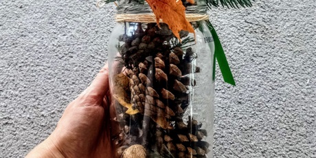 Powiększ grafikę: Na zdjęciu słoik w którym znajdują się liście, kasztany i szyszki.