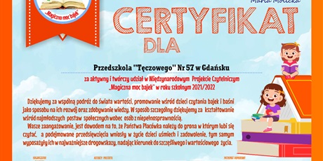 Powiększ grafikę: Certyfikat dla Przedszkola "Tęczowego" Nr 57 w Gdańsku za udział w Międzynarodowym Projekcie Czytelniczym