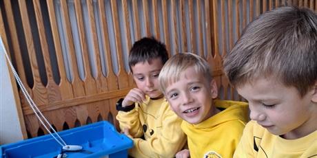Powiększ grafikę: Trójka chłopców tworzy konstrukcję z klocków lego.